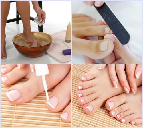 Pedicura francesa a les cames amb pedreria. Idees de moda, instruccions amb fotos