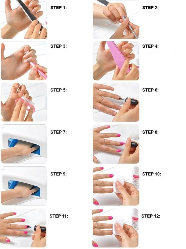 Com aplicar gel polish a casa. Instrucció, vídeo amb llum, sense, fregament, pedreria