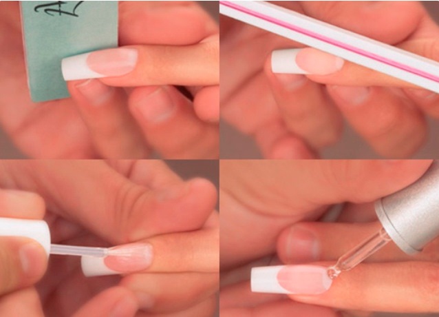 Francès amb un bonic patró. Extensió d'ungles en gel, idees de disseny de manicura francesa