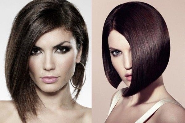 Coupe de cheveux Long bob pour les cheveux foncés, clairs et rouges - vues avant et arrière. Le schéma et la technique des coupes de cheveux avec une frange oblique et droite, sans frange. Une photo