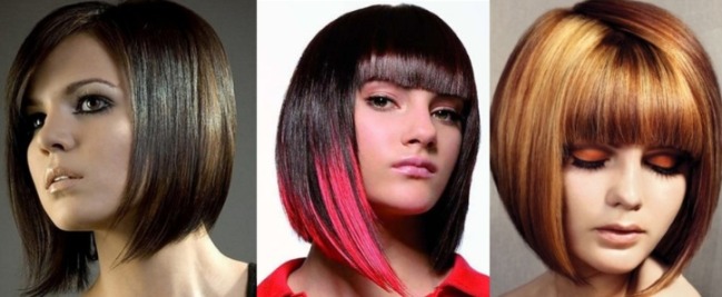 Coupe de cheveux Long bob pour les cheveux foncés, clairs et rouges - vues avant et arrière. Le schéma et la technique des coupes de cheveux avec une frange oblique et droite, sans frange. Une photo