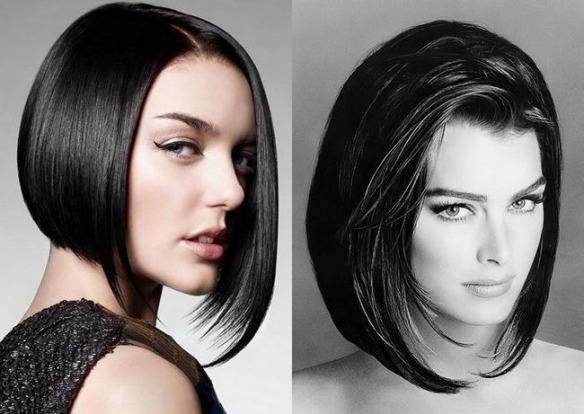 Coupe de cheveux Long bob pour les cheveux foncés, clairs et rouges - vues avant et arrière. Le schéma et la technique des coupes de cheveux avec une frange oblique et droite, sans frange. Une photo