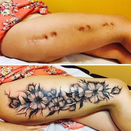 Tatuatges de cuixa per a nenes: esbossos, patrons, inscripcions, petits tatuatges, flors, animals, dracs, roses. Una foto