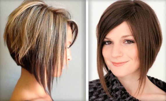 Bob allongé avec une frange oblique sur le côté, sous les épaules, pour un visage rond. Options de coupe de cheveux modernes. Une photo