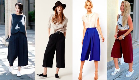 Pantalons culottes. Foto, què vestir per a les dones plenes, amb quines sabates, que són pantalons texans, negres, blaus, vermells