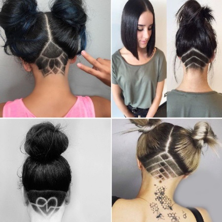 Nuque rasée de filles avec un motif. Coupes de cheveux bob, bob, allongées, coiffures aux cheveux longs