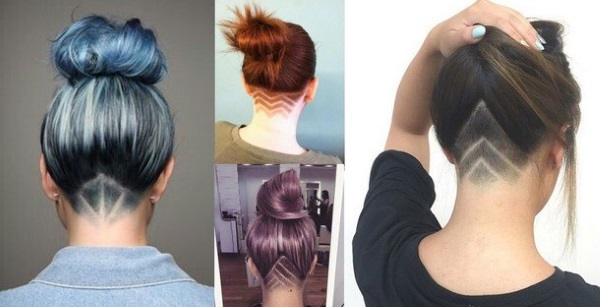 Nuque rasée de filles avec un motif. Coupes de cheveux bob, bob, allongées, coiffures aux cheveux longs