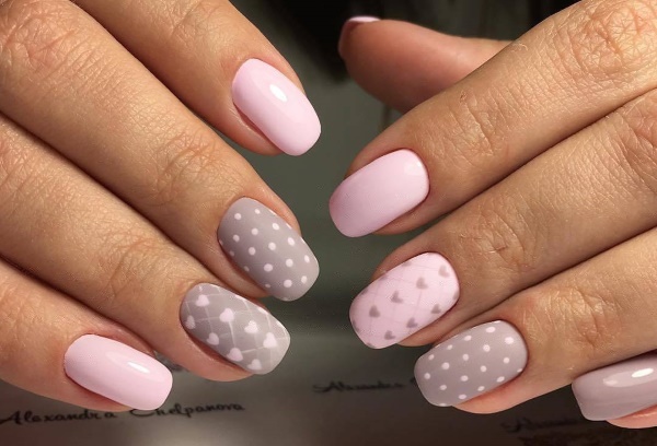 Manicura gris-rosa. Fotos, novetats. Tendències de disseny de moda 2020: francès, amb purpurina, pedreria, degradat, laca, ratlles