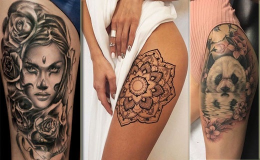 Tatouages ​​de cuisse pour les filles, photo. Beaux motifs, dentelles, fleurs, croquis, inscriptions avec traduction