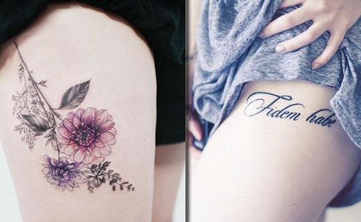 Tatouages ​​de cuisse pour les filles, photo. Beaux motifs, dentelles, fleurs, croquis, inscriptions avec traduction