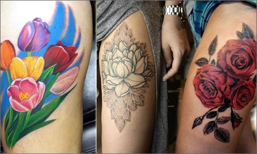 Tatouages ​​de cuisse pour les filles, photo. Beaux motifs, dentelles, fleurs, croquis, inscriptions avec traduction