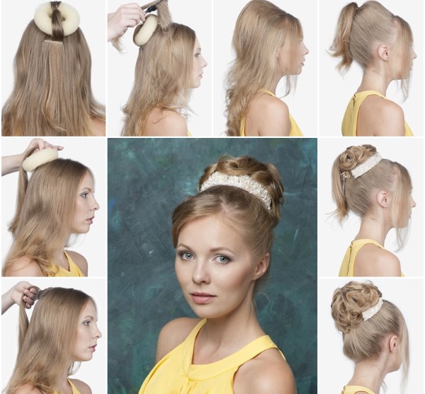 Coiffures hautes pour cheveux moyens. Photo, chignon, queue de cheval, fête, mariage, simple et élégant avec une frange, des boucles, luxuriante