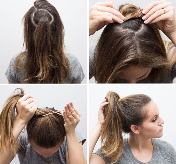 Coiffures hautes pour cheveux moyens. Photo, chignon, queue de cheval, fête, mariage, simple et élégant avec une frange, des boucles, luxuriante