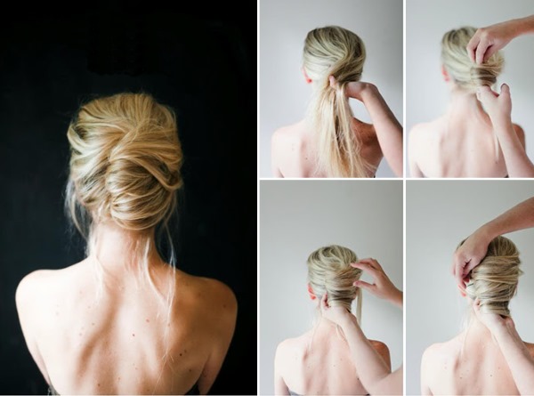 Coiffures hautes pour cheveux moyens. Photo, chignon, queue de cheval, fête, mariage, simple et élégant avec une frange, des boucles, luxuriante