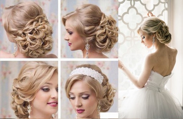 Coiffures hautes pour cheveux moyens. Photo, chignon, queue de cheval, fête, mariage, simple et élégant avec une frange, des boucles, luxuriante