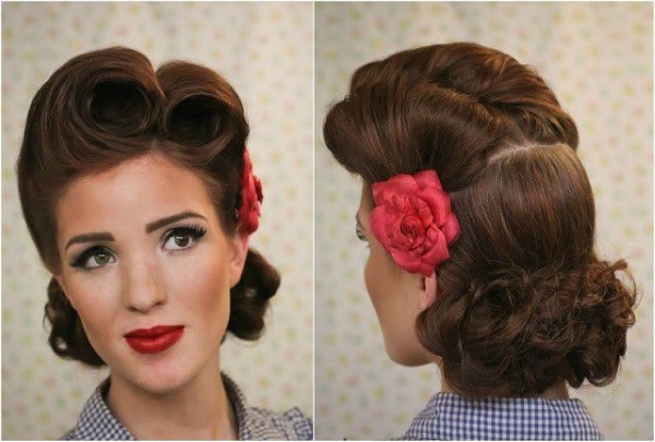 Coiffures hautes pour cheveux moyens. Photo, chignon, queue de cheval, fête, mariage, simple et élégant avec une frange, des boucles, luxuriante