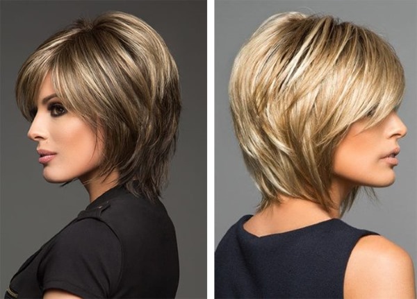 Coupe de cheveux Aurora pour cheveux courts. Photo, vue de face, vue de dos, avec une frange, pour un visage rond. Technique d'exécution