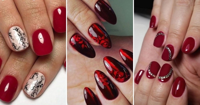 Manucure rouge pour les ongles courts. Photo, design 2020 avec strass, paillettes, frottement, français