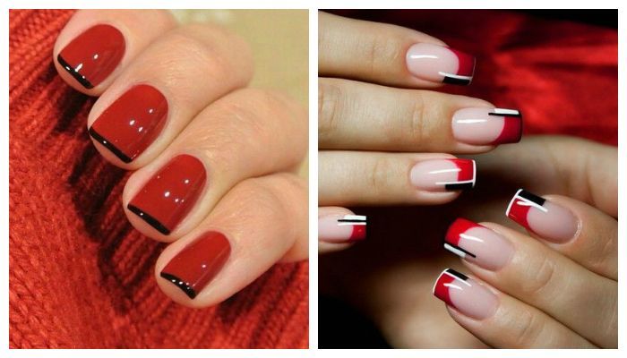 Manucure rouge pour les ongles courts. Photo, design 2020 avec strass, paillettes, frottement, français