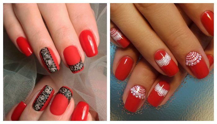 Manucure rouge pour les ongles courts. Photo, design 2020 avec strass, paillettes, frottement, français