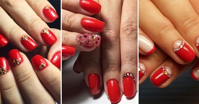 Manucure rouge pour les ongles courts. Photo, design 2020 avec strass, paillettes, frottement, français