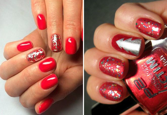 Manucure rouge pour les ongles courts. Photo, design 2020 avec strass, paillettes, frottement, français