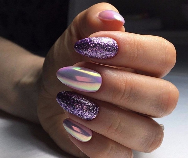 Manicura morada per a ungles curtes. La combinació de colors, fotos, nous articles 2020 gel polish