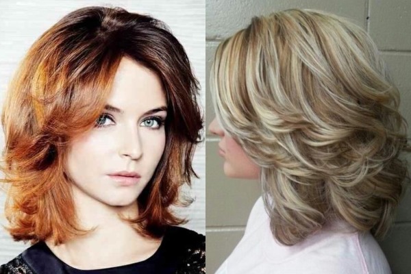 Coupes de cheveux avec frange latérale pour cheveux moyens et volume à la couronne. Photo femmes