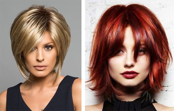 Coupes de cheveux avec frange latérale pour cheveux moyens et volume à la couronne. Photo femmes