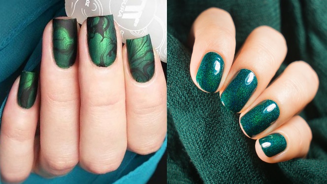 Manucure vert foncé avec vernis. Design photo mat pour ongles courts et longs, nouveaux articles, tendances de la mode