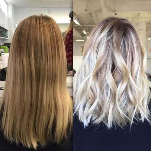 La couleur des cheveux est blonde platine. Photos avant et après coloration, shampooings teintés, toniques, peintures