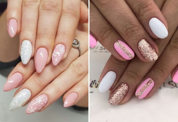 Manicura rosa amb brillants i pedreria. Foto de disseny delicat, tendències de moda 2020