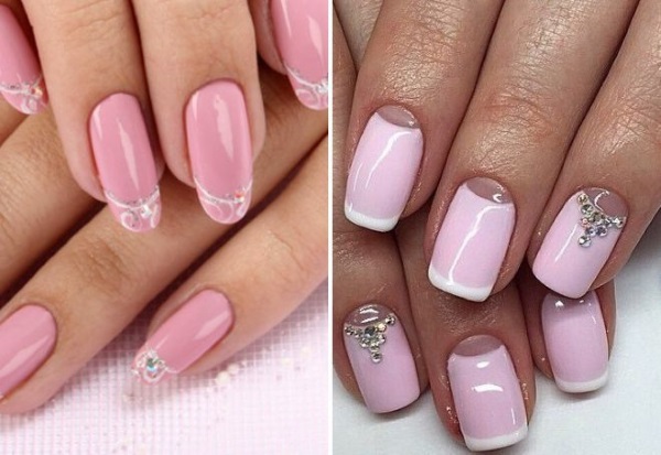 Manicura rosa amb brillants i pedreria. Foto de disseny delicat, tendències de moda 2020