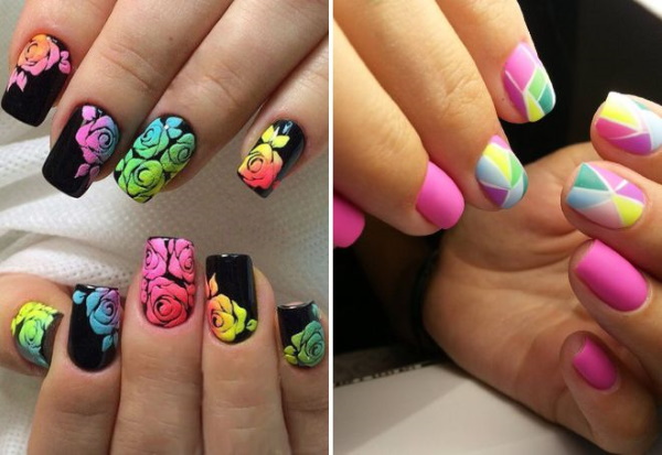 Dessins d'ongles multicolores, manucure avec rayures, taches, frottements. Une photo