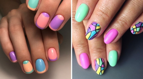 Dessins d'ongles multicolores, manucure avec rayures, taches, frottements. Une photo