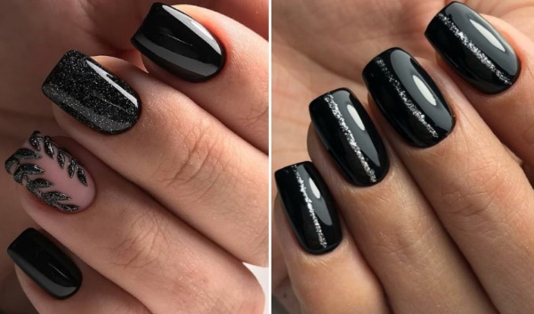 Disseny d'ungles amb color negre. Foto d'esmalt de gel de manicura amb pedreria, brillants, francès, ombrejat