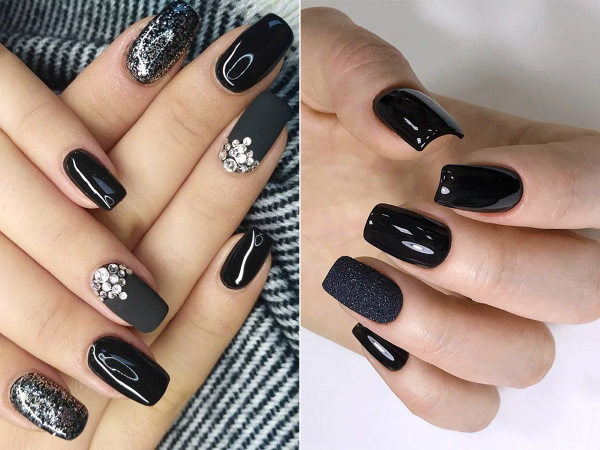 Disseny d'ungles amb color negre. Foto d'esmalt de gel de manicura amb pedreria, brillants, francès, ombrejat