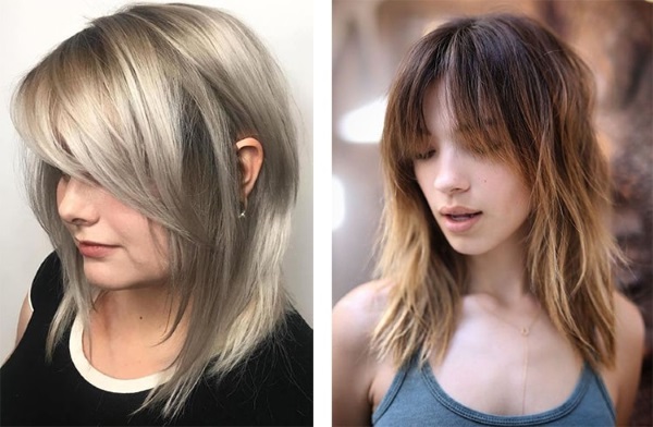 Coupes de cheveux avec une longue frange pour les cheveux courts, moyens et longs pour les femmes. Une photo