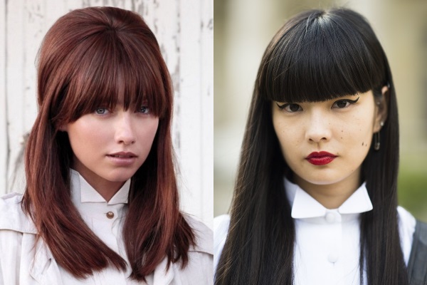 Coupes de cheveux avec une longue frange pour les cheveux courts, moyens et longs pour les femmes. Une photo