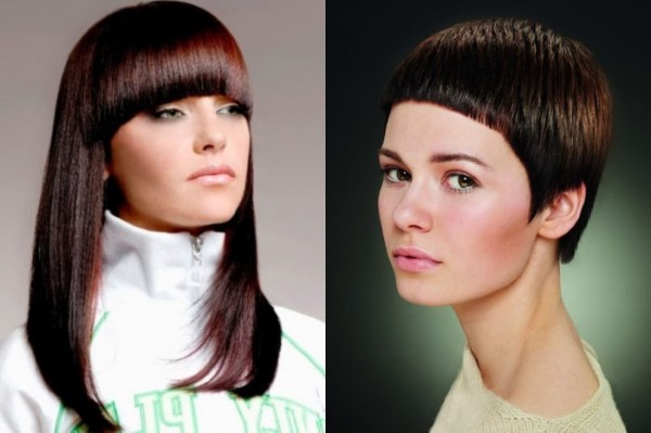 Coupes de cheveux avec une longue frange pour les cheveux courts, moyens et longs pour les femmes. Une photo