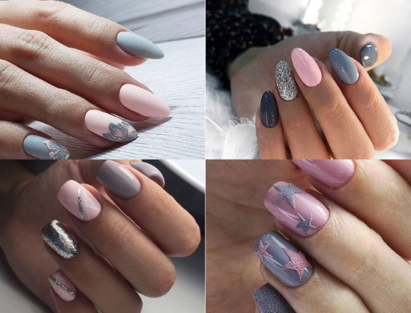 Disseny d'ungles de color rosa pàl·lid. Foto de manicura amb plata, purpurina, blanc, negre