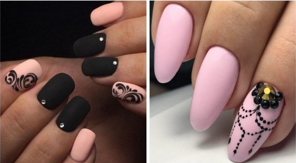 Rose avec un design d'ongle noir. Photo, nouveaux articles avec paillettes, strass, dentelle argentée, motif