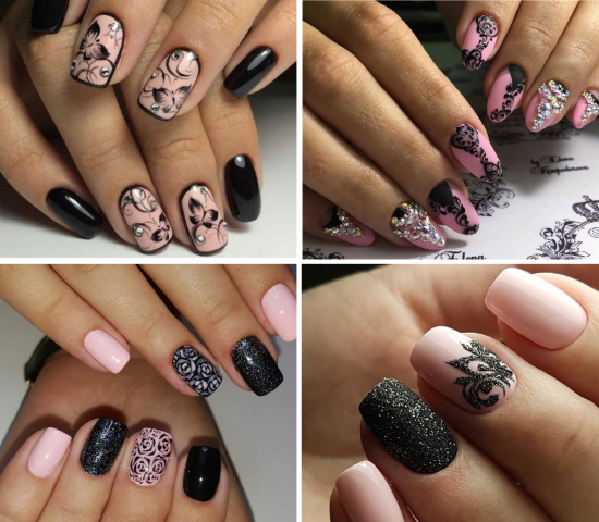 Rose avec un design d'ongle noir. Photo, nouveaux articles avec paillettes, strass, dentelle argentée, motif