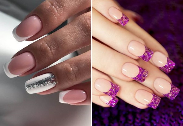 Français avec des paillettes sur les ongles avec du vernis gel. Actualité photo, tendances mode, techniques, idées