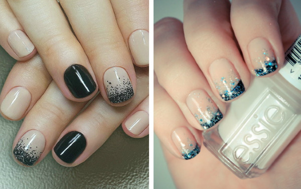 Français avec des paillettes sur les ongles avec du vernis gel. Actualité photo, tendances mode, techniques, idées