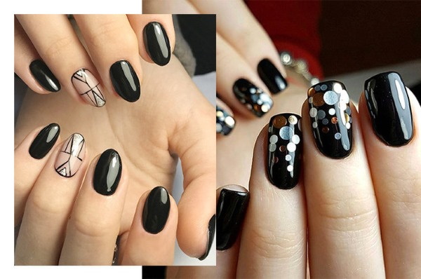 Manicura negra amb disseny per a ungles curtes amb esmalt de gel. Fotos, idees