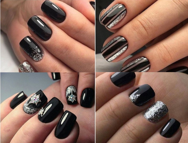 Manicura negra amb disseny per a ungles curtes amb esmalt de gel. Fotos, idees