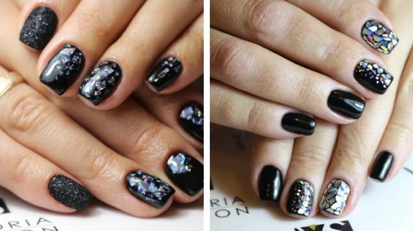 Manicura negra amb disseny per a ungles curtes amb esmalt de gel. Fotos, idees