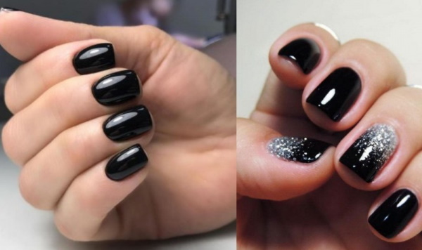 Manicura negra amb disseny per a ungles curtes amb esmalt de gel. Fotos, idees