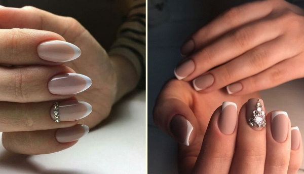 Manucure française pour ongles courts et longs. Photo, options de conception avec strass, paillettes, frottement, motif